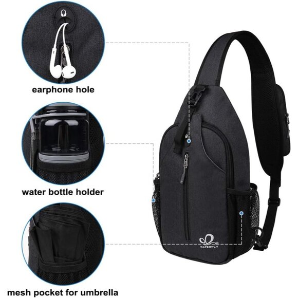 Waterfly Men Women Black Crossbody Adjustable Strap Hiking Sling Backpack - Picture 3 of 6
